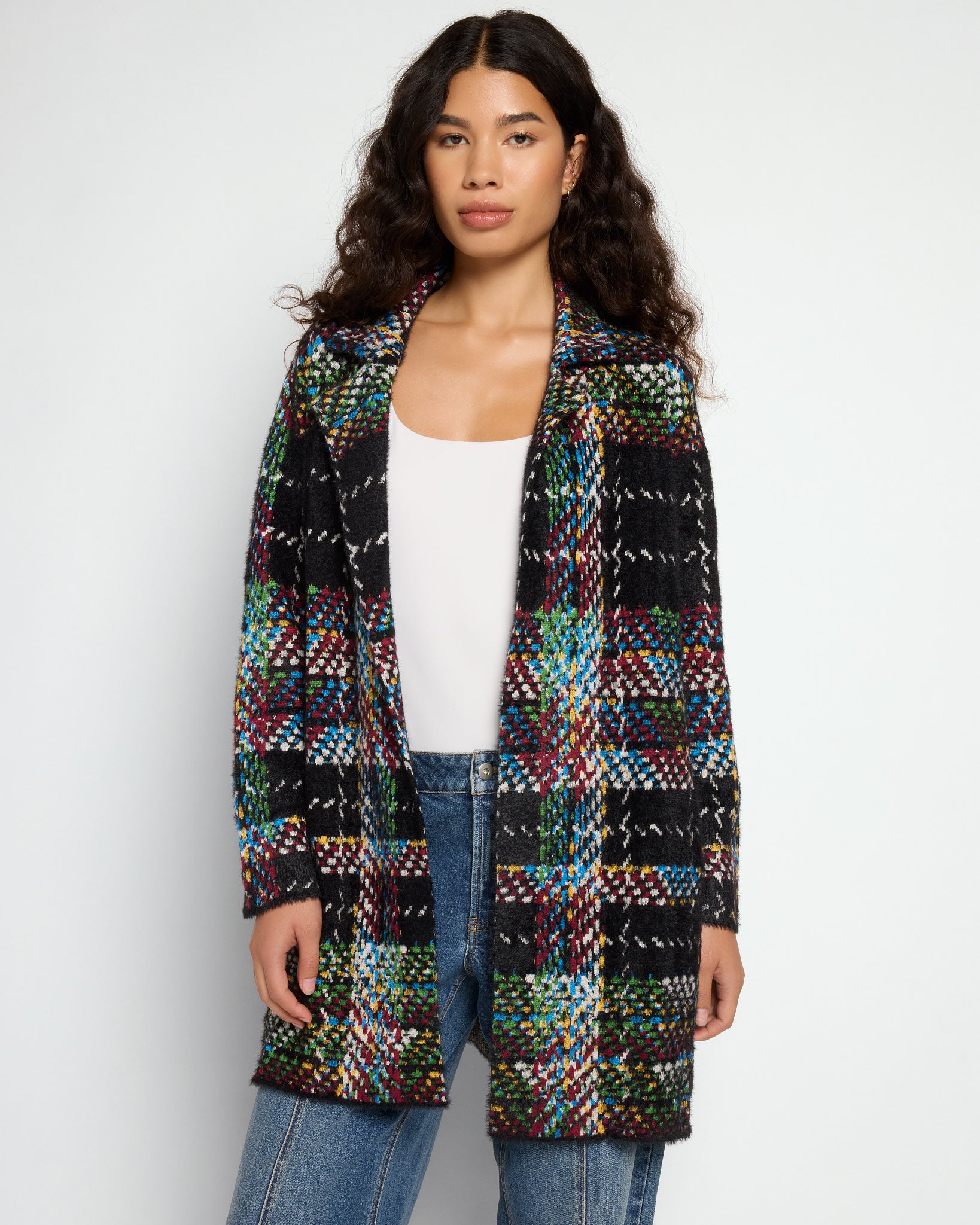 Black Multi Plaid $|& Liverpool Plush Collared Coatigan - SOF Front