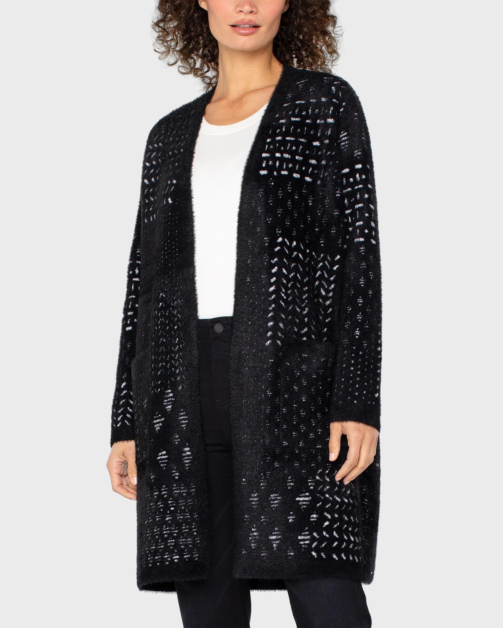 Black White Patchwork $|& Liverpool Plush Open Front Coatigan - VOF Detail