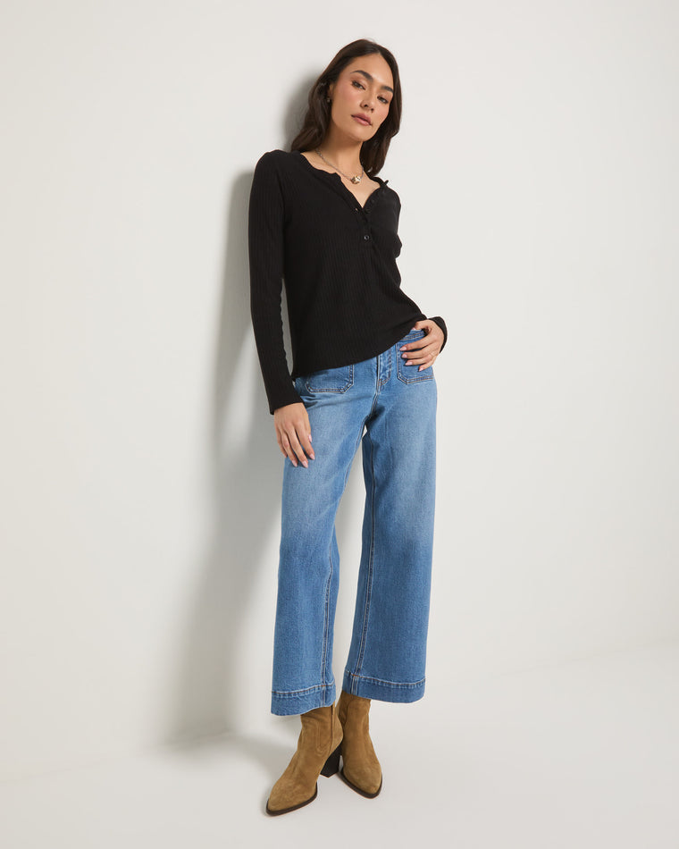 Black $|& SEAS Autumn Long Sleeve Henley - VOF Front