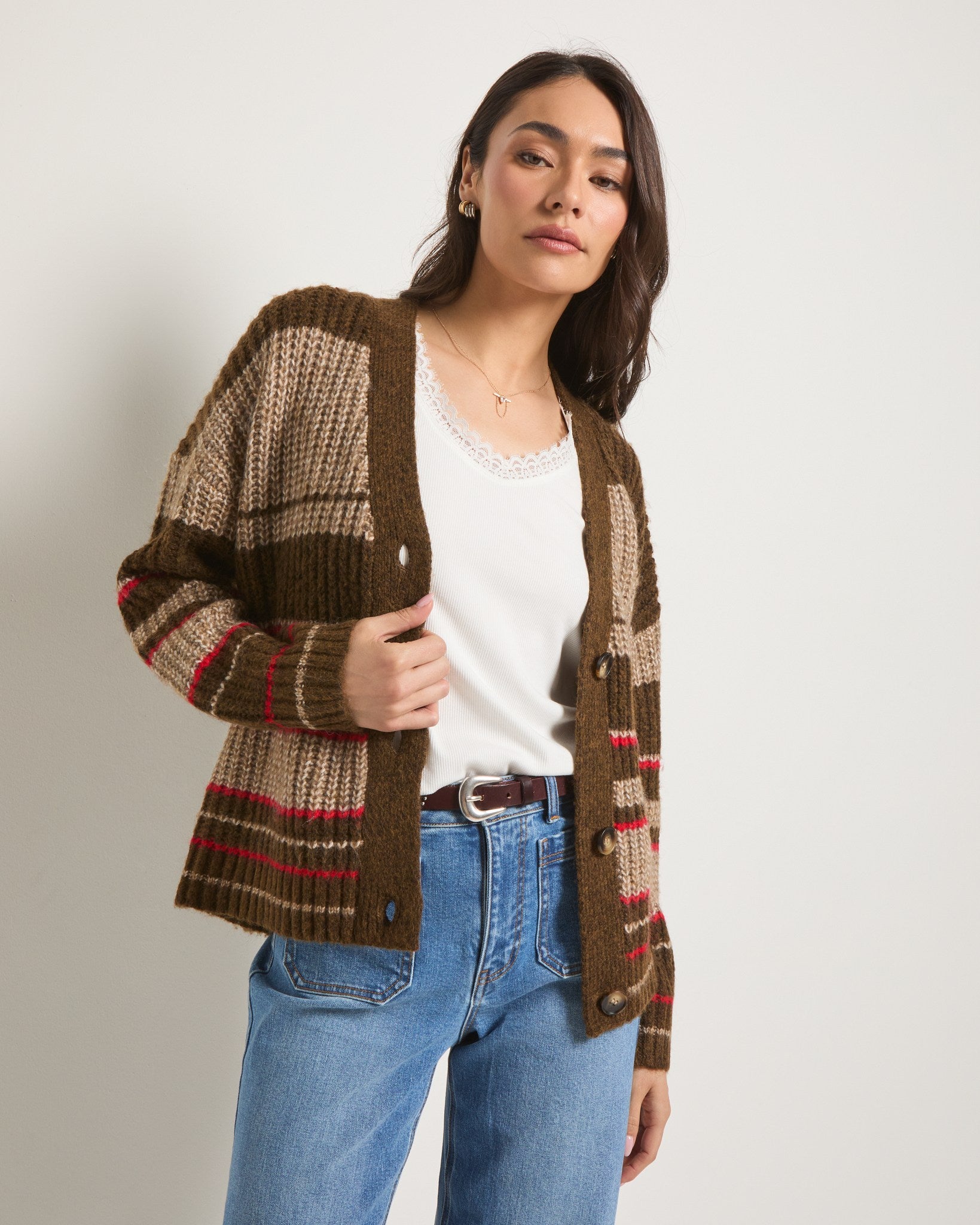 Mahogany Stripe $|& SEAS Crystal Canyon Striped Cardigan - VOF Front
