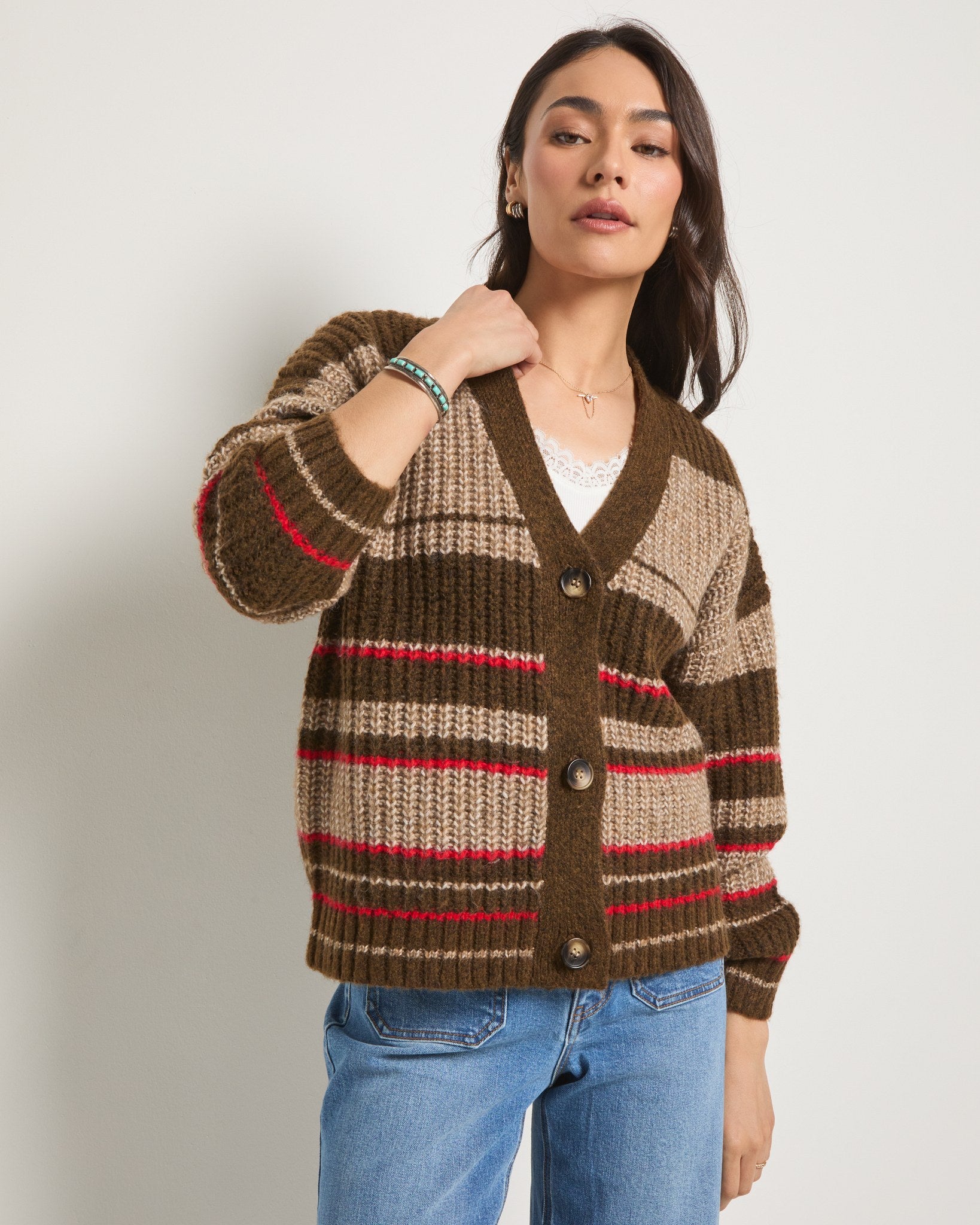 Mahogany Stripe $|& SEAS Crystal Canyon Striped Cardigan - SOF Full Front