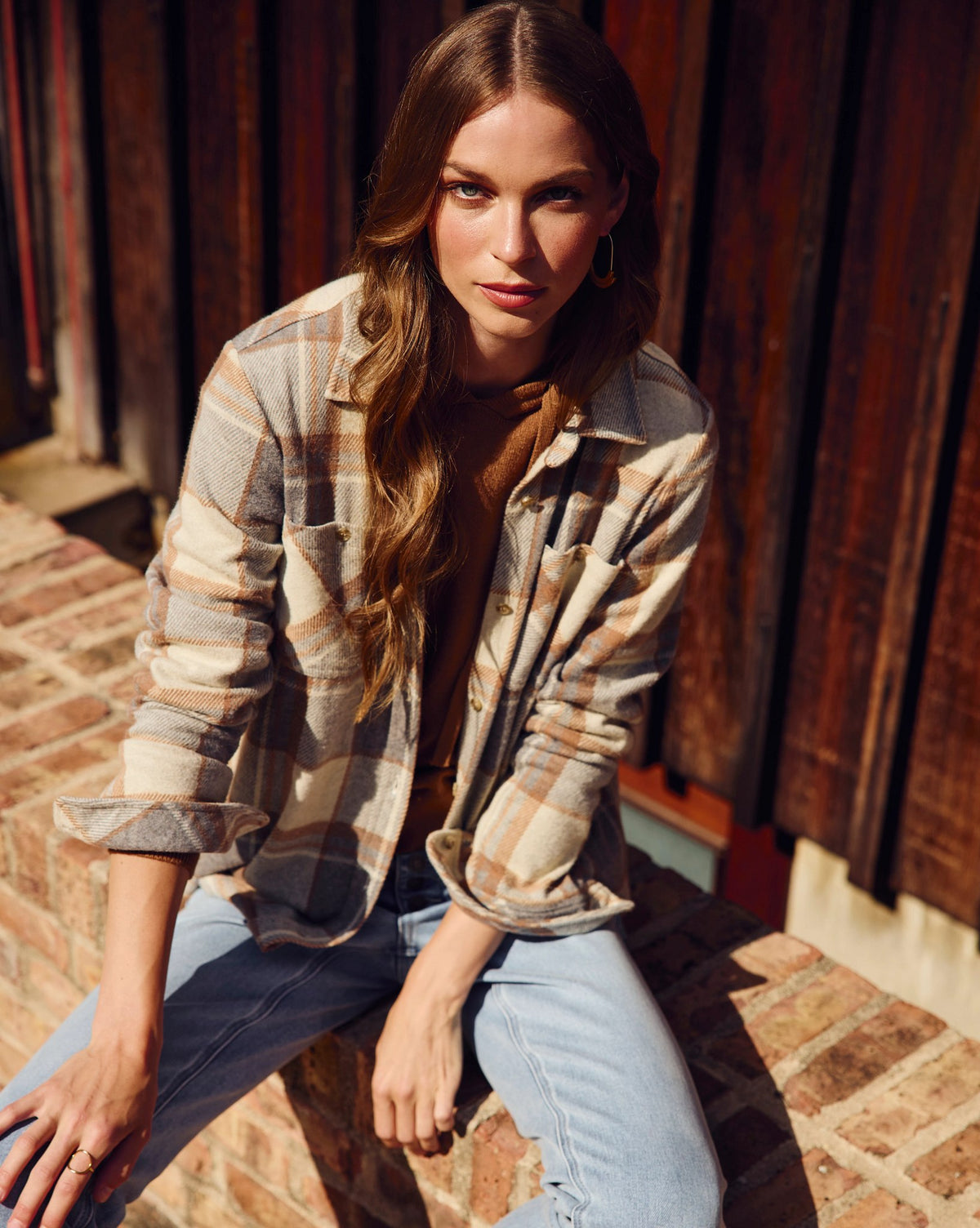 Cream/Grey Plaid $|& SEAS Sunset Plaid Knit Top - SOF Side