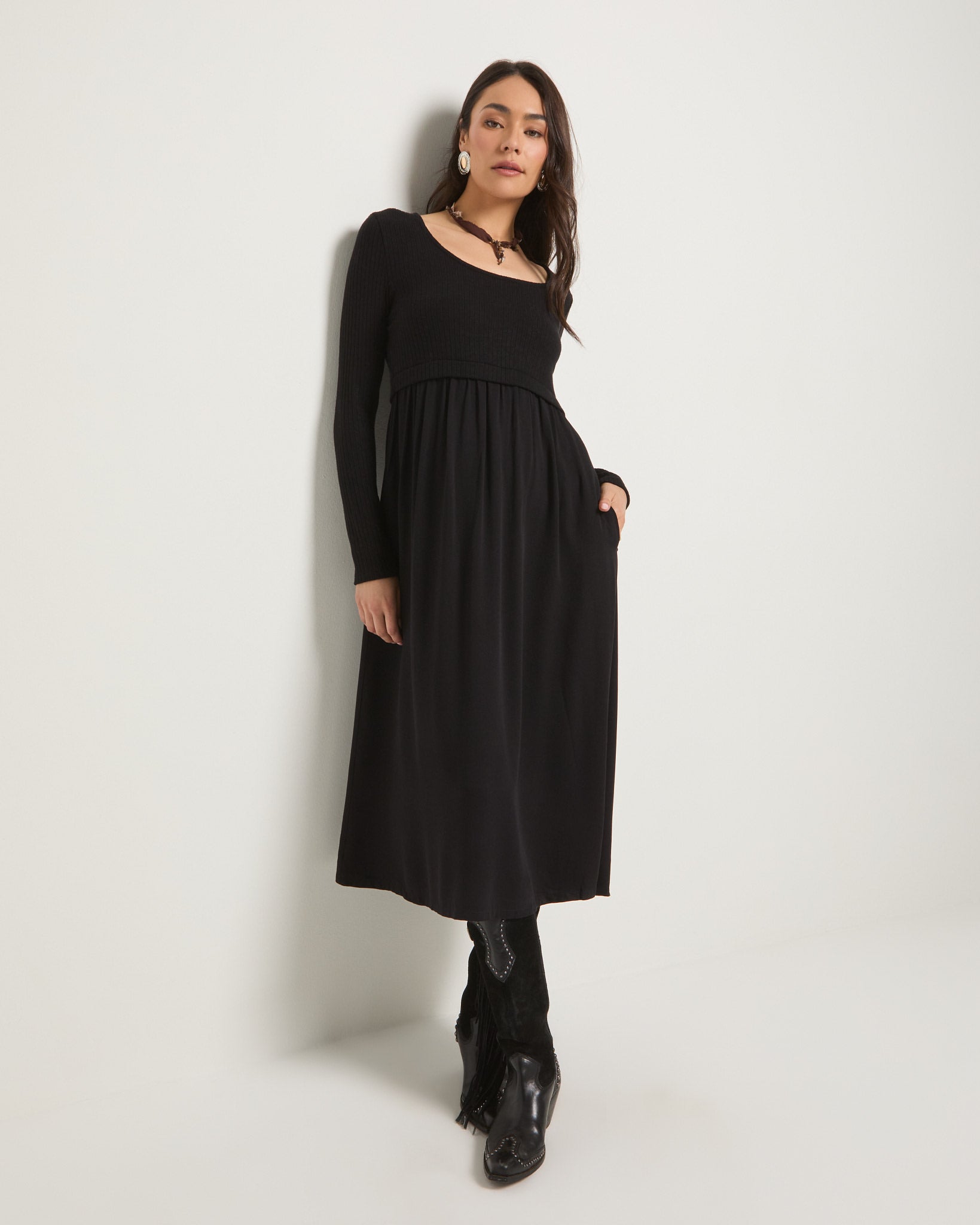 Olivia Mixed Media Dress - Ribbed Knit Bodice, Flowy Skirt Wantable Olivia Mixed Media Dress - Ribbed Knit Bodice, Flowy Skirt Wantable