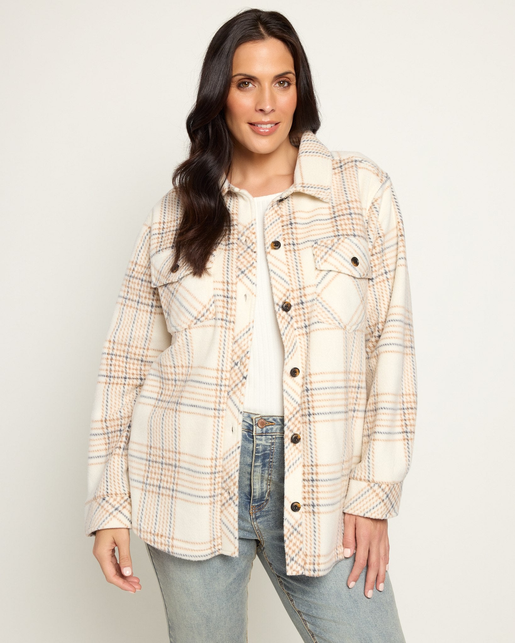 Cream Taupe Plaid $|& Thread & Supply Tullis Polar Fleece Shacket - SOF Front