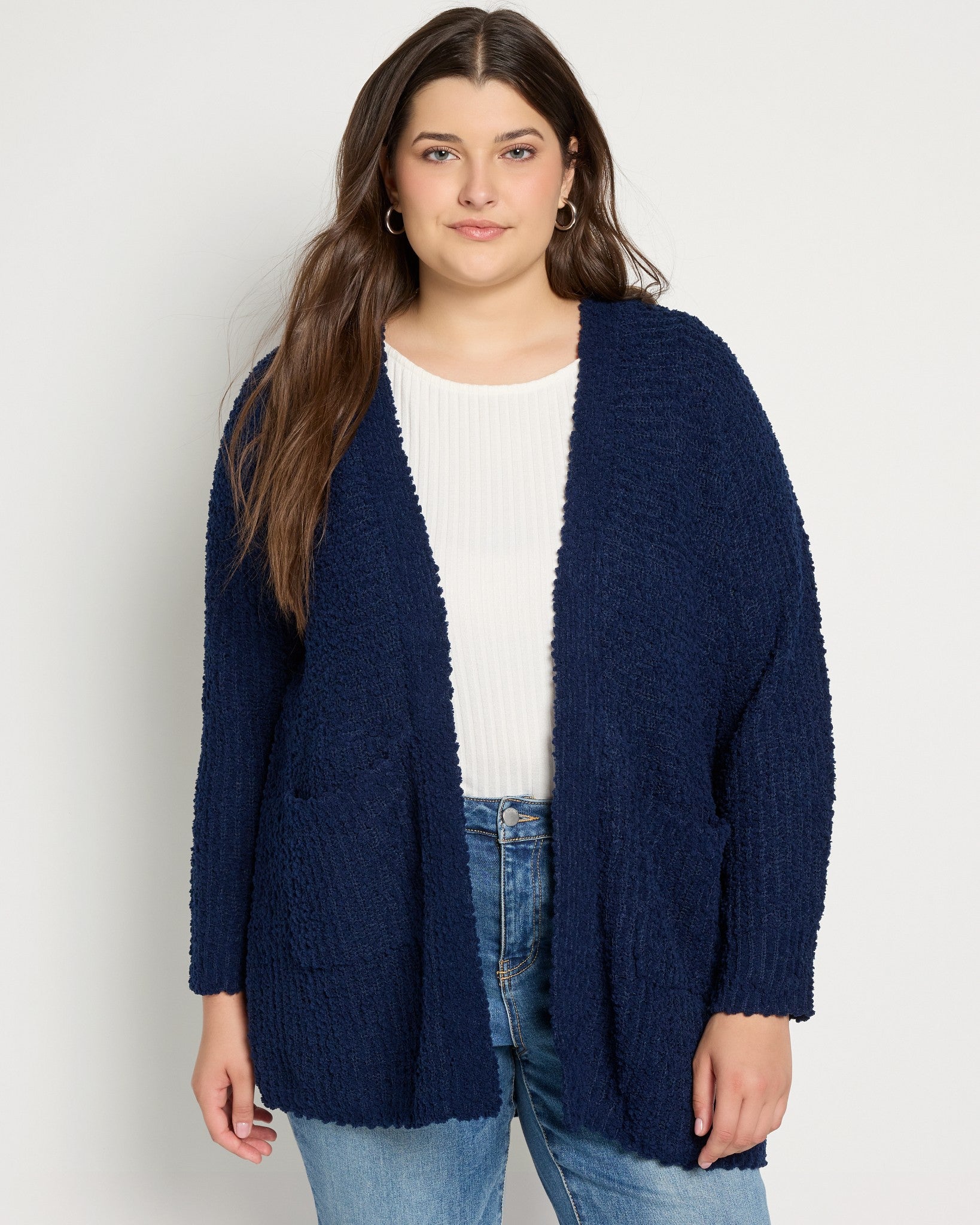 Navy $|& Bobeau Two Pocket Popcorn Cardigan - SOF Front