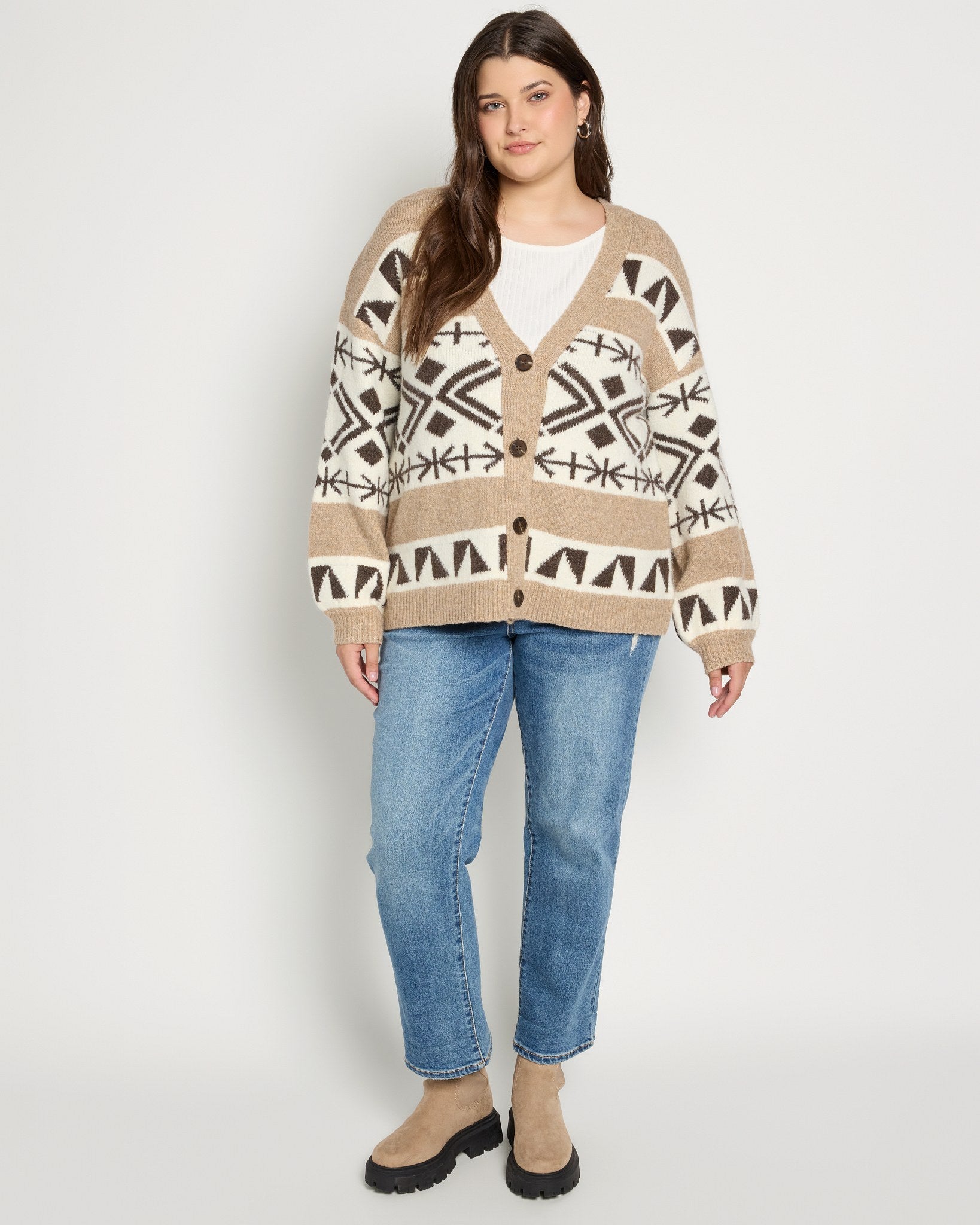 Taupe Mix/Cream $|& Bobeau Abstract Button Front Cardigan - UGC On Fig
