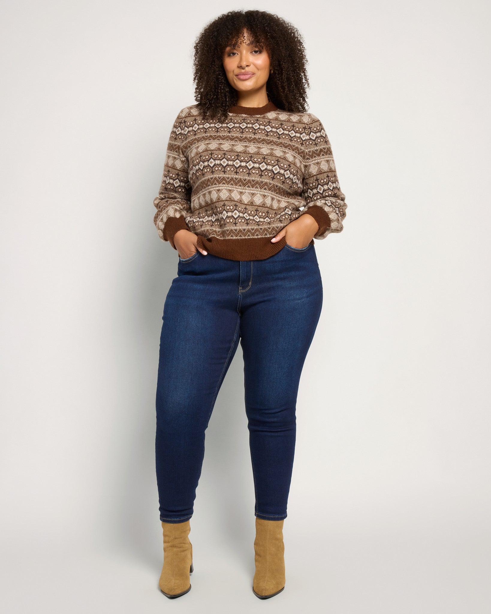 Brown Mix $|& Bobeau Balloon Sleeve Fair Isle Sweater - UGC On Fig