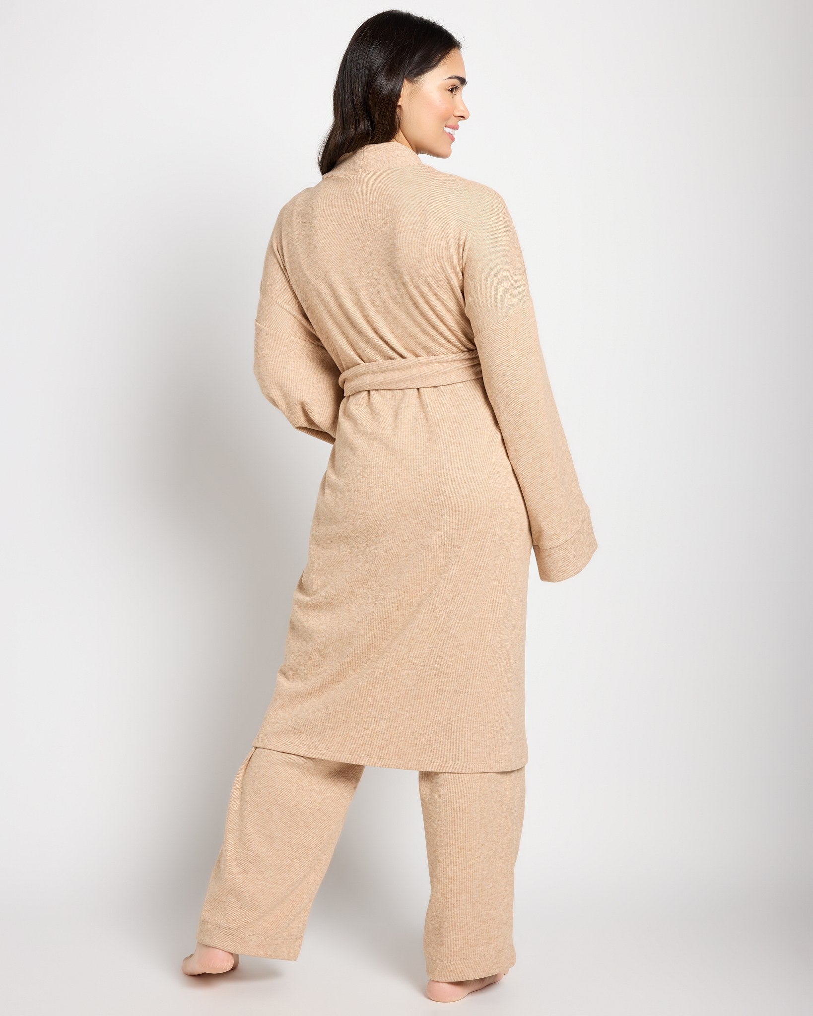 Heathered Taupe $|& Bobeau Jersey Short Robe - SOF Back