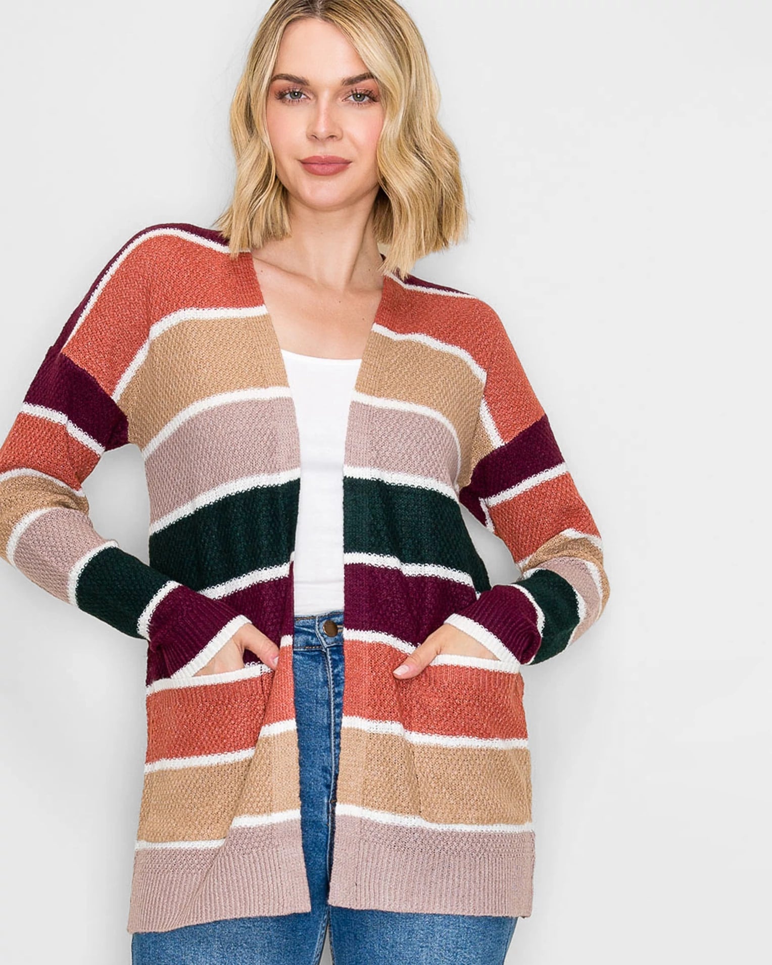Forest/Burgundy $|& Staccato Open Front Colorblock Cardigan - VOF Detail