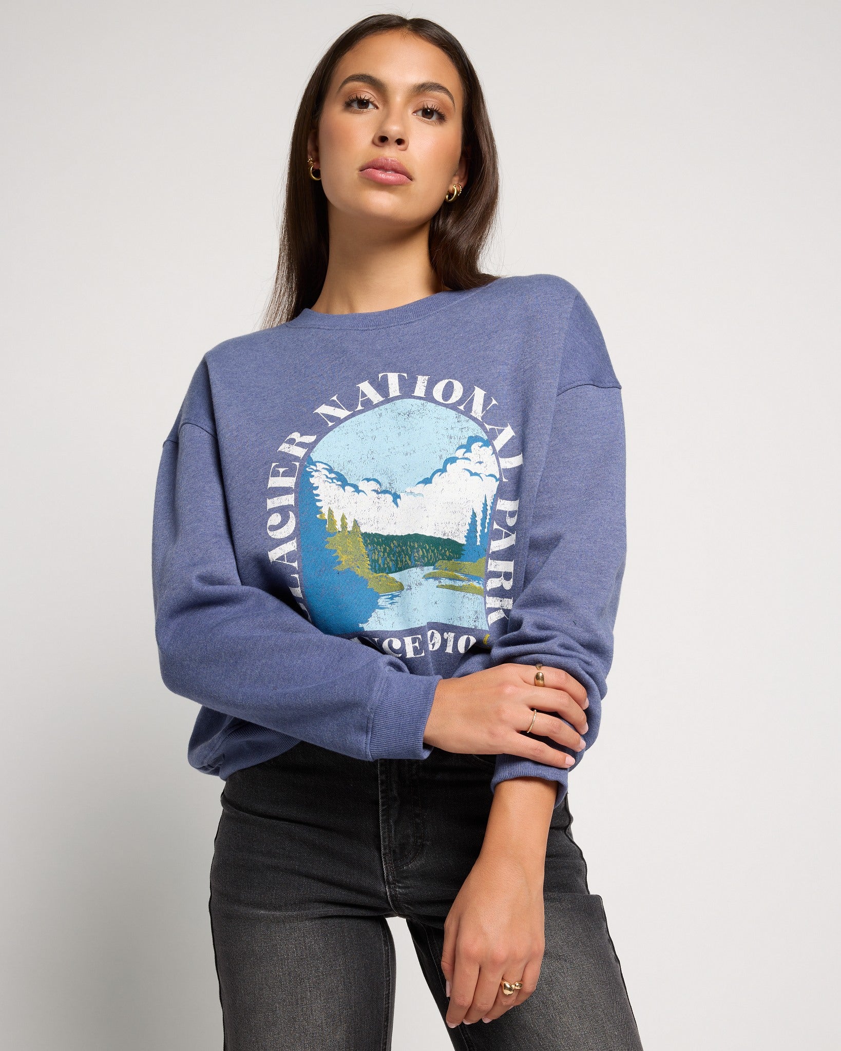 Heather Indigo Haze $|& Herizon Ember Glacier Park Crewneck Pullover - SOF Front