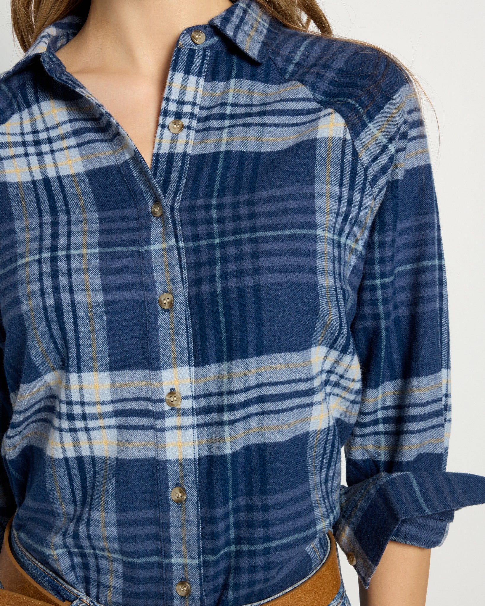 Indigo Haze Plaid $|& Herizon Willow Button Front Shirt - SOF Full Front