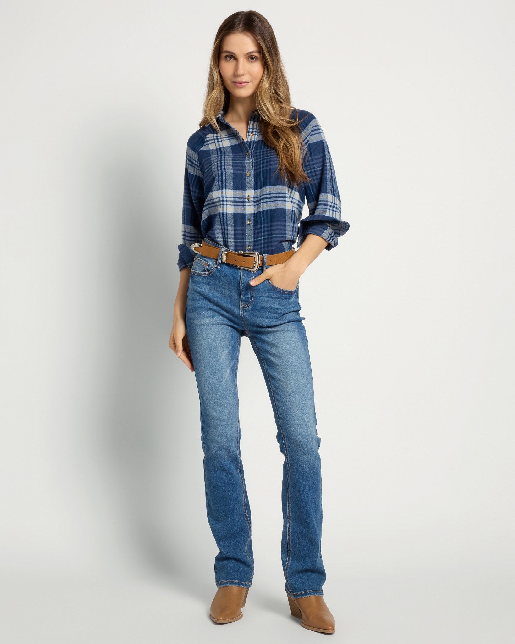 Indigo Haze Plaid $|& Herizon Willow Button Front Shirt - UGC On Fig