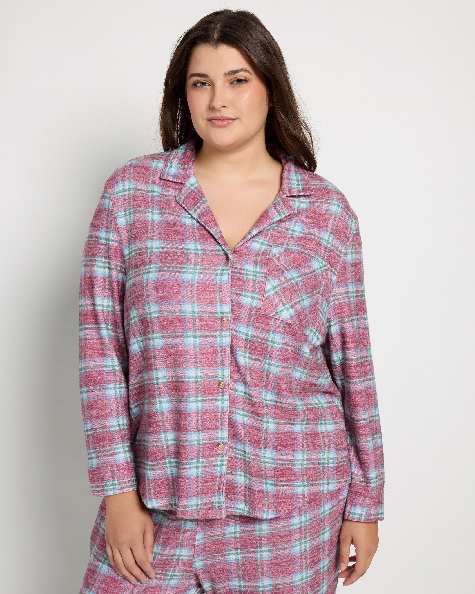 Fireside Tartan Cherry Plaid $|& SEAS Cat Nap Pajama Shirt - SOF Front