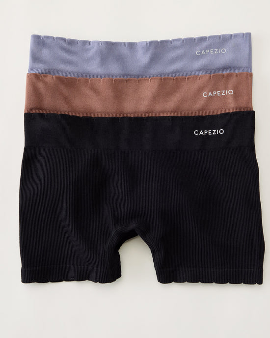 Cognac/Black/Silver Bullet $|& Capezio Seamless Ribbed Boy Short 3 Pack - Hanger Detail