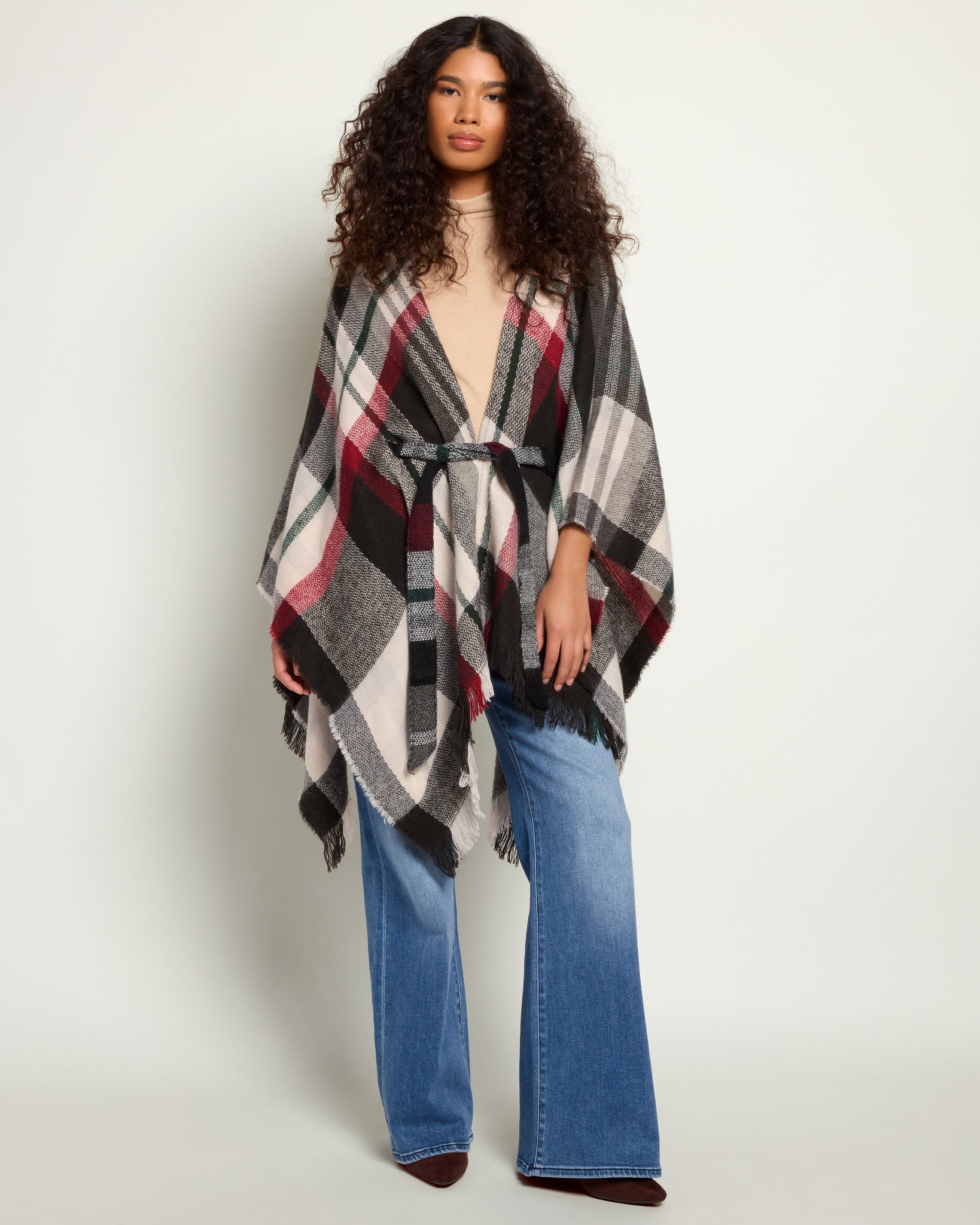 Black $|& David & Young Plaid Ruana with Belt - SOF Front