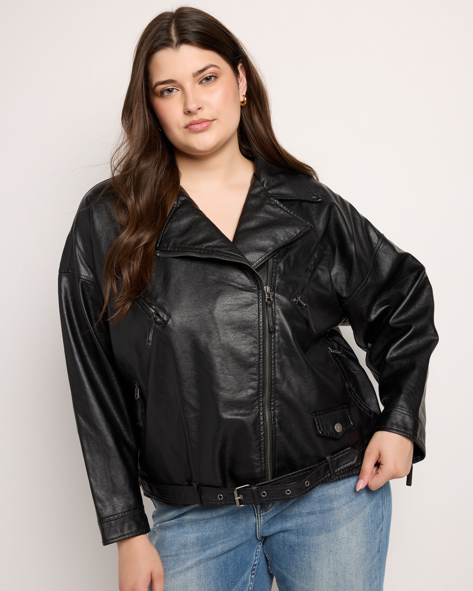 Black $|& Max Studio Belted Moto Jacket - SOF Front