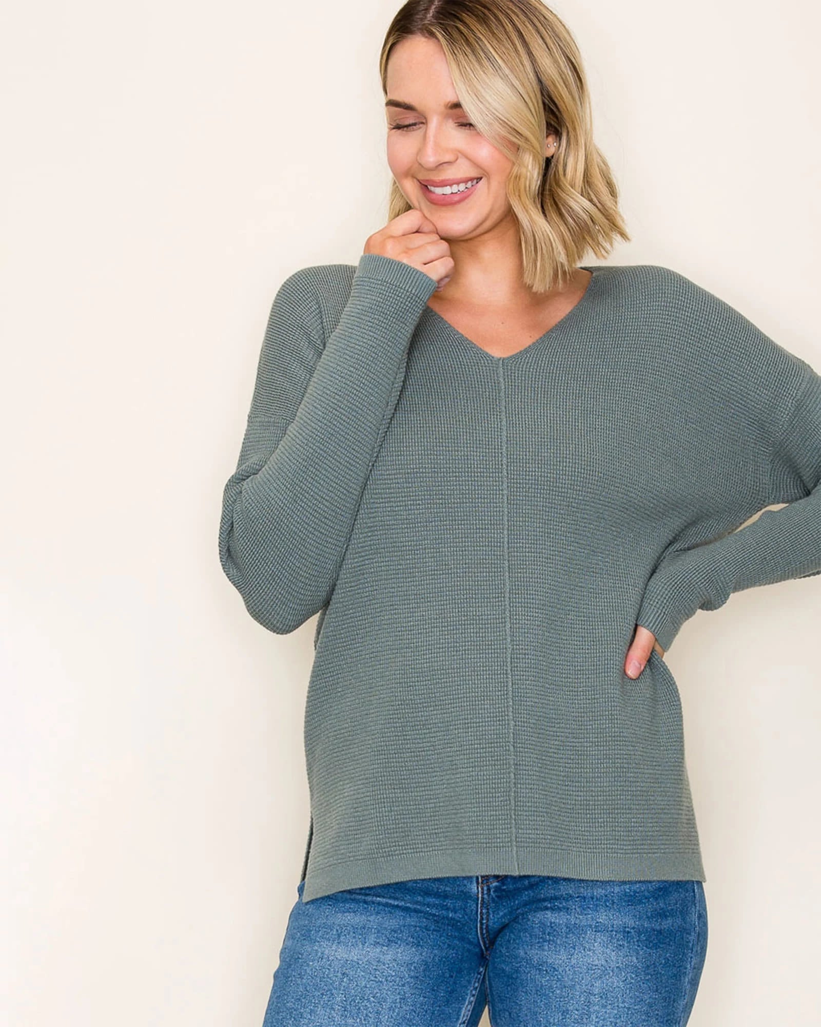 Dusty Jade $|& Staccato Mini Waffle Pullover Sweater - VOF Detail