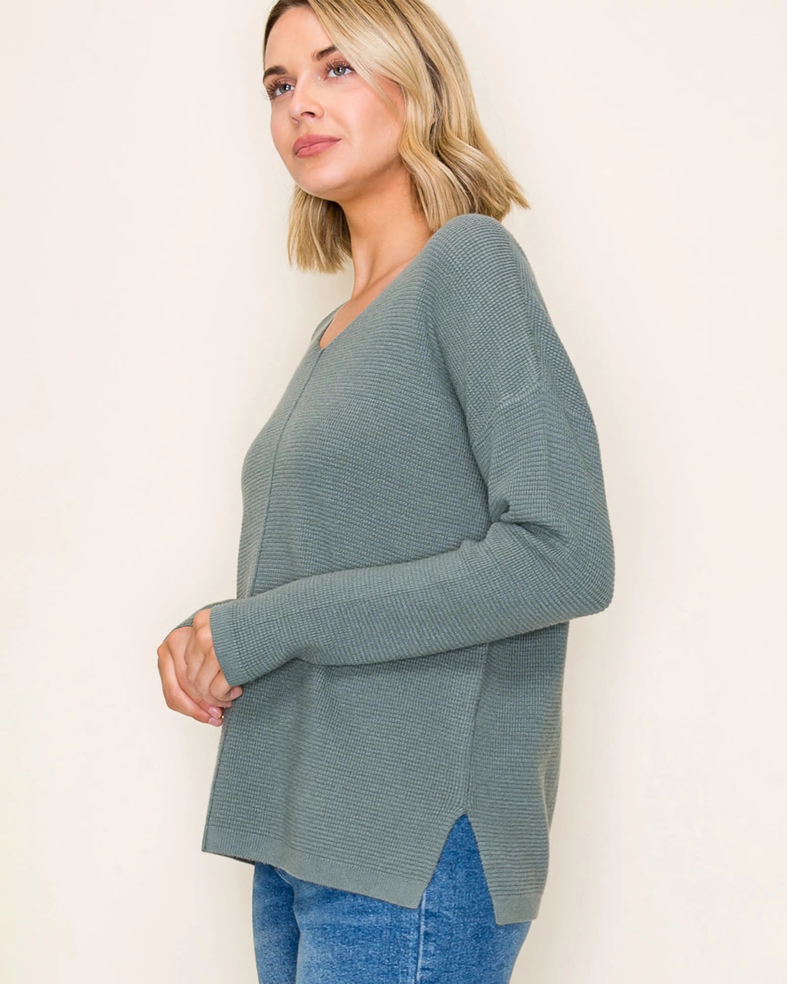 Dusty Jade $|& Staccato Mini Waffle Pullover Sweater - Hanger Front