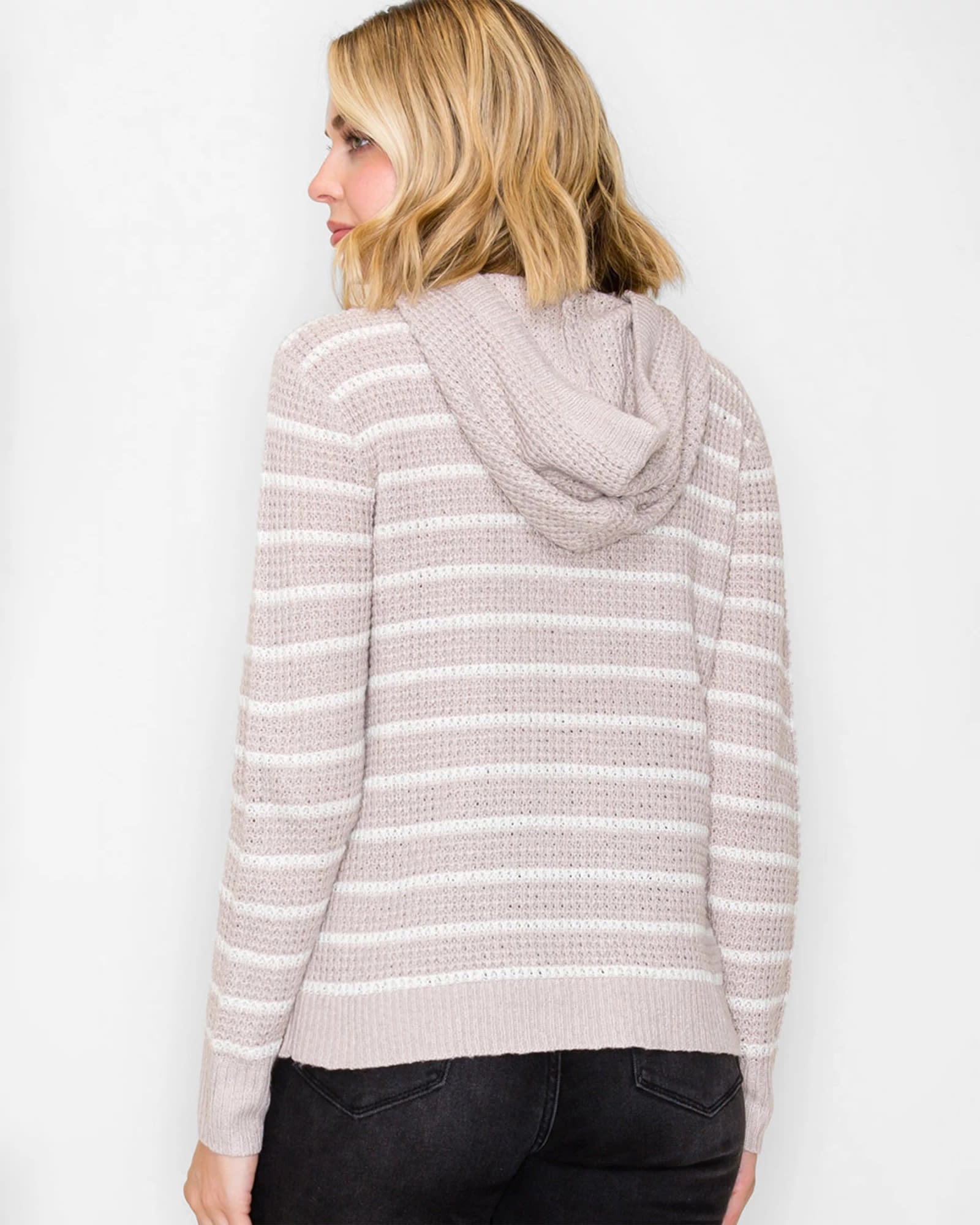 Taupe $|& Staccato Stripe Henley Waffle Hoodie Sweater - Hanger Side