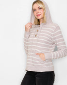 Taupe $|& Staccato Stripe Henley Waffle Hoodie Sweater - Hanger Front