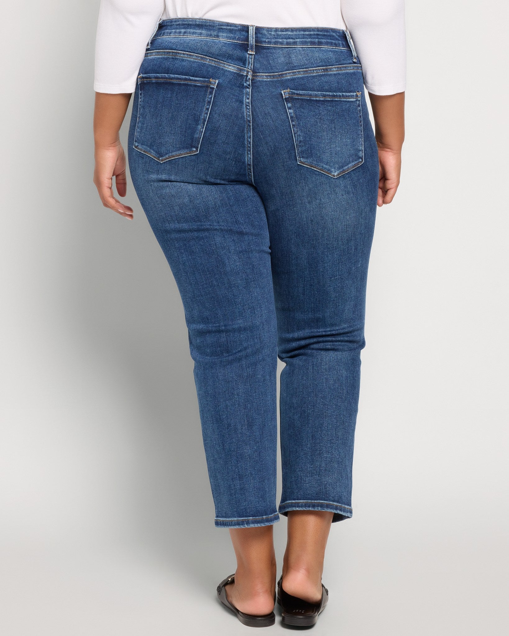 Dark Blue $|& Bayeas High Rise Straight Leg Jeans Wash Detail - SOF Back