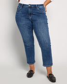 Dark Blue $|& Bayeas High Rise Straight Leg Jeans Wash Detail - SOF Front