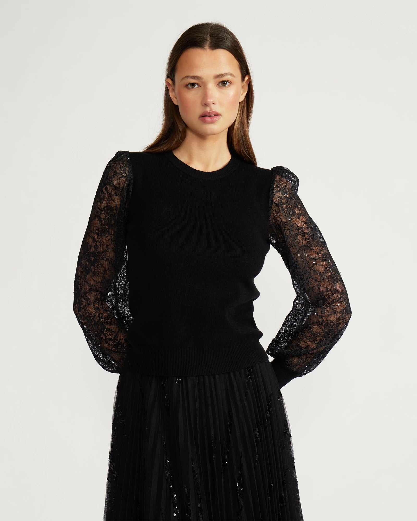 Black $|& Lucy Paris Tinsley Lace Sleeve Top - VOF Detail