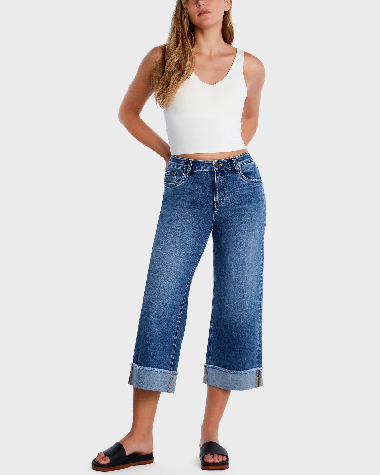 Chalk Blue $|& Hint of Blu Cropped Cuffed Wide Leg Jeans - VOF Detail