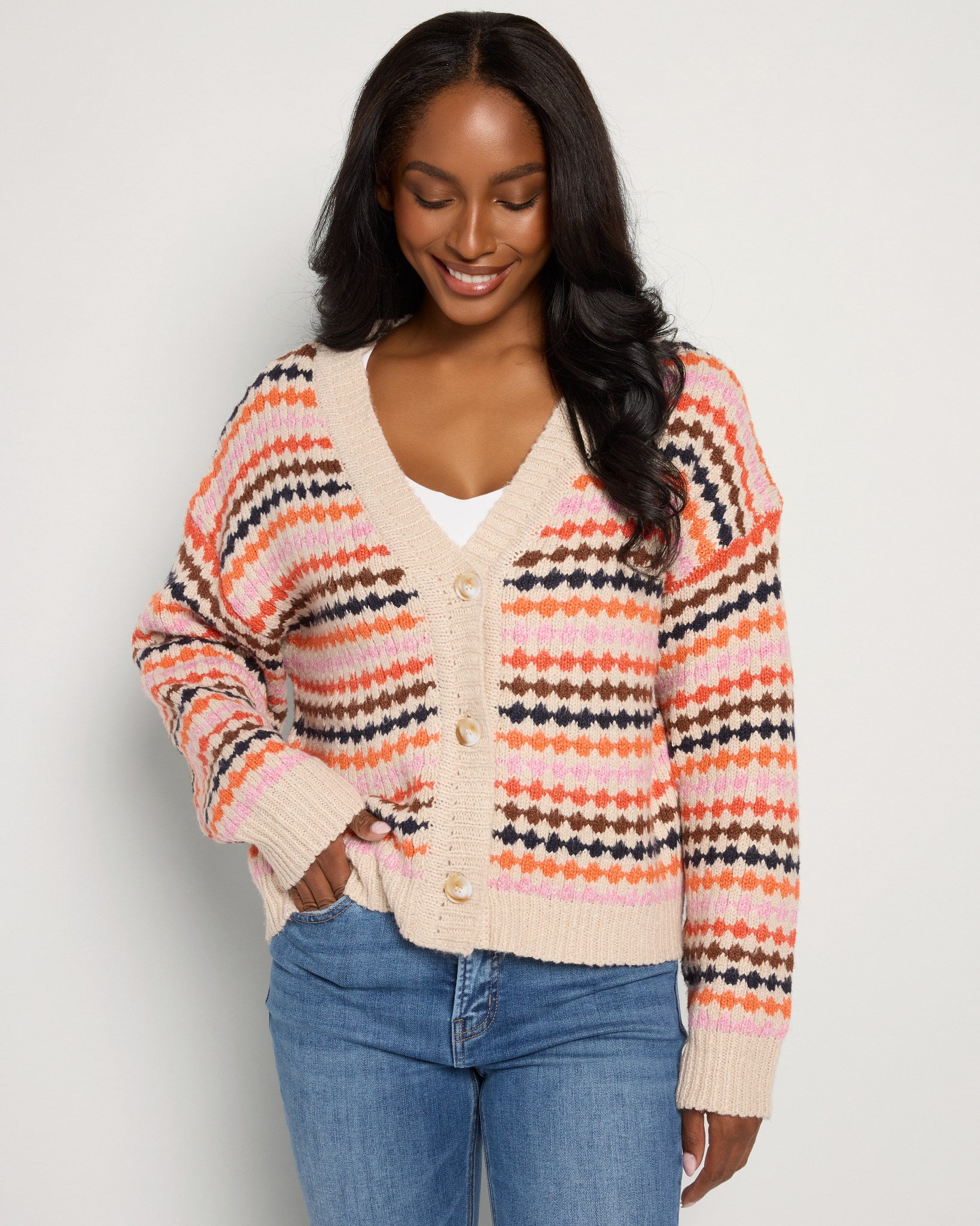 Ivory Multi $|& ACOA Novelty Cardigan - SOF Front