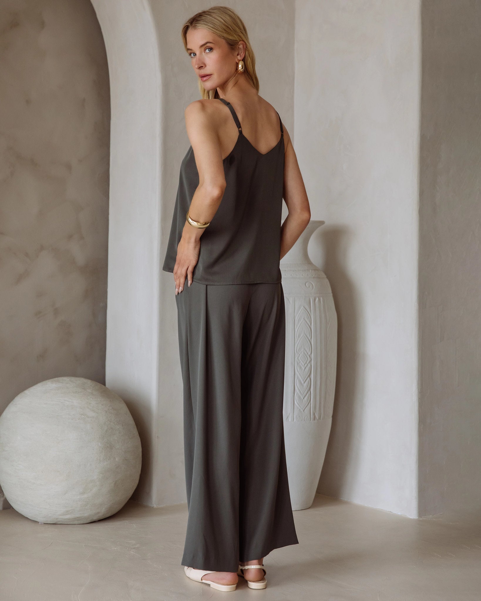 Dark Olive $|& Skies Are Blue Double Strap Sleeveless Woven Top - Hanger Side