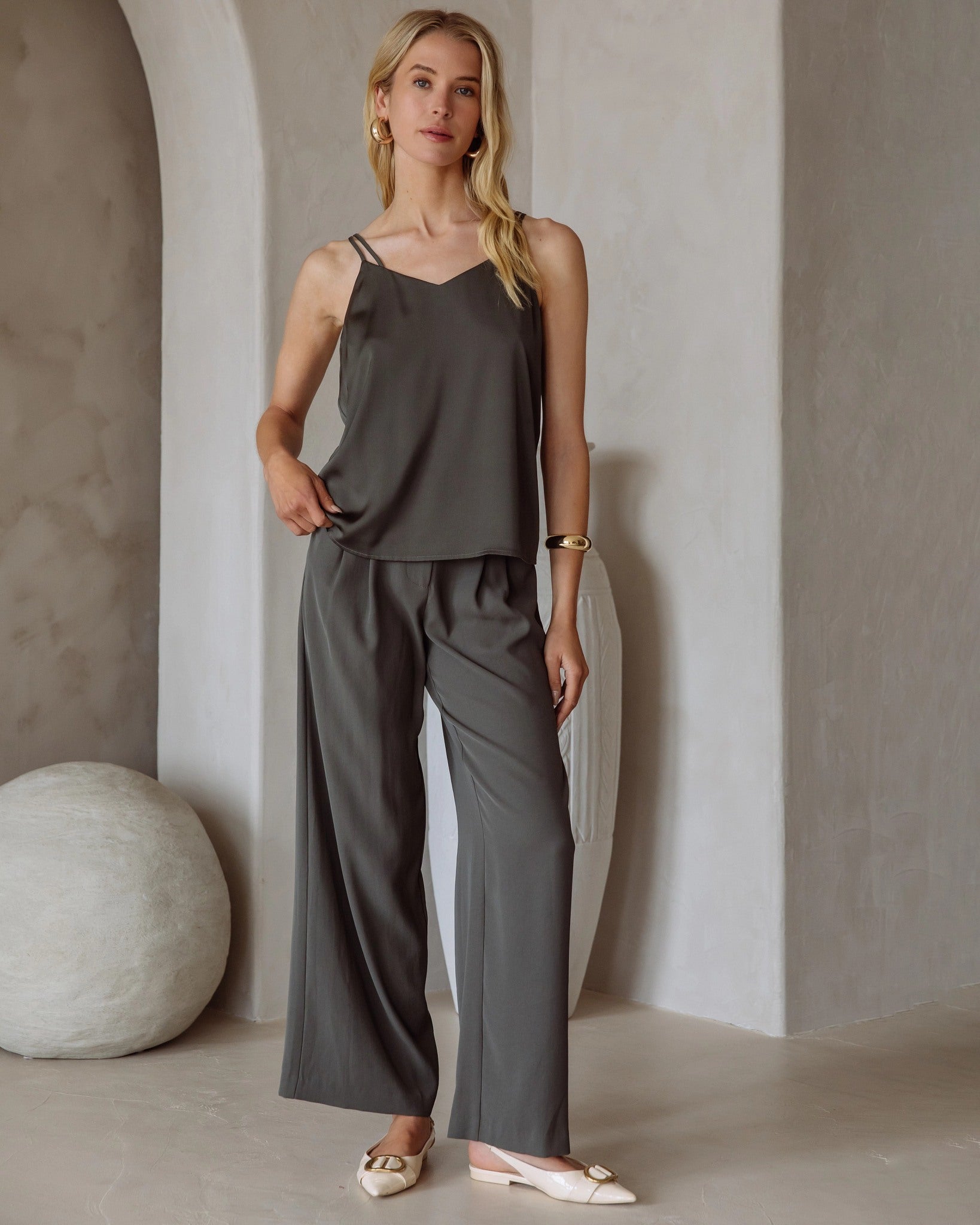 Dark Olive $|& Skies Are Blue Double Strap Sleeveless Woven Top - VOF Detail