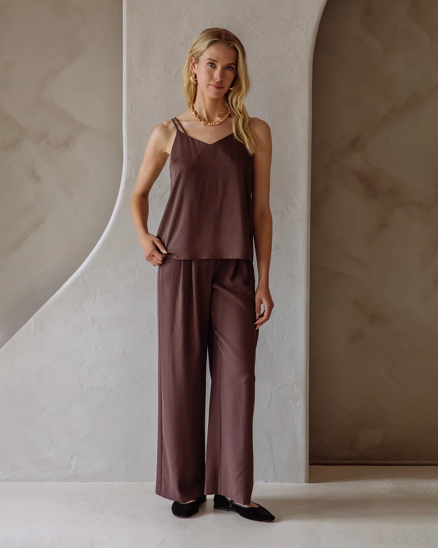 Espresso $|& Skies Are Blue Double Strap Sleeveless Woven Top - VOF Detail