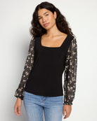 Black Daisy $|& West Kei Square Neck Knit Top with Chiffon Sleeve - SOF Front