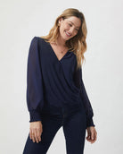 Navy $|& West Kei Surplice Knit Top with Woven Sleeve - VOF Detail