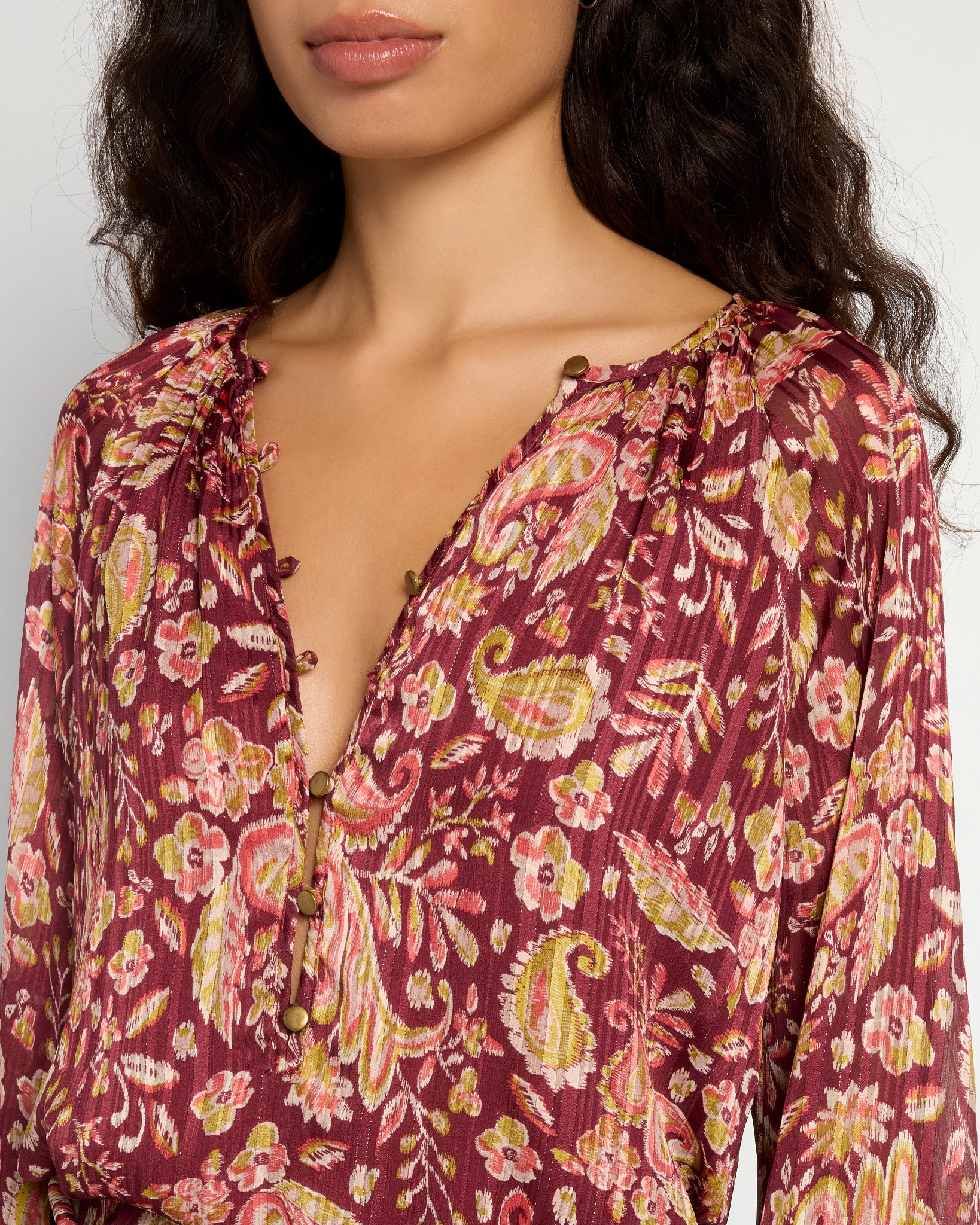 Wine $|& West Kei Floral Woven Top with Button Detail - SOF Full Front
