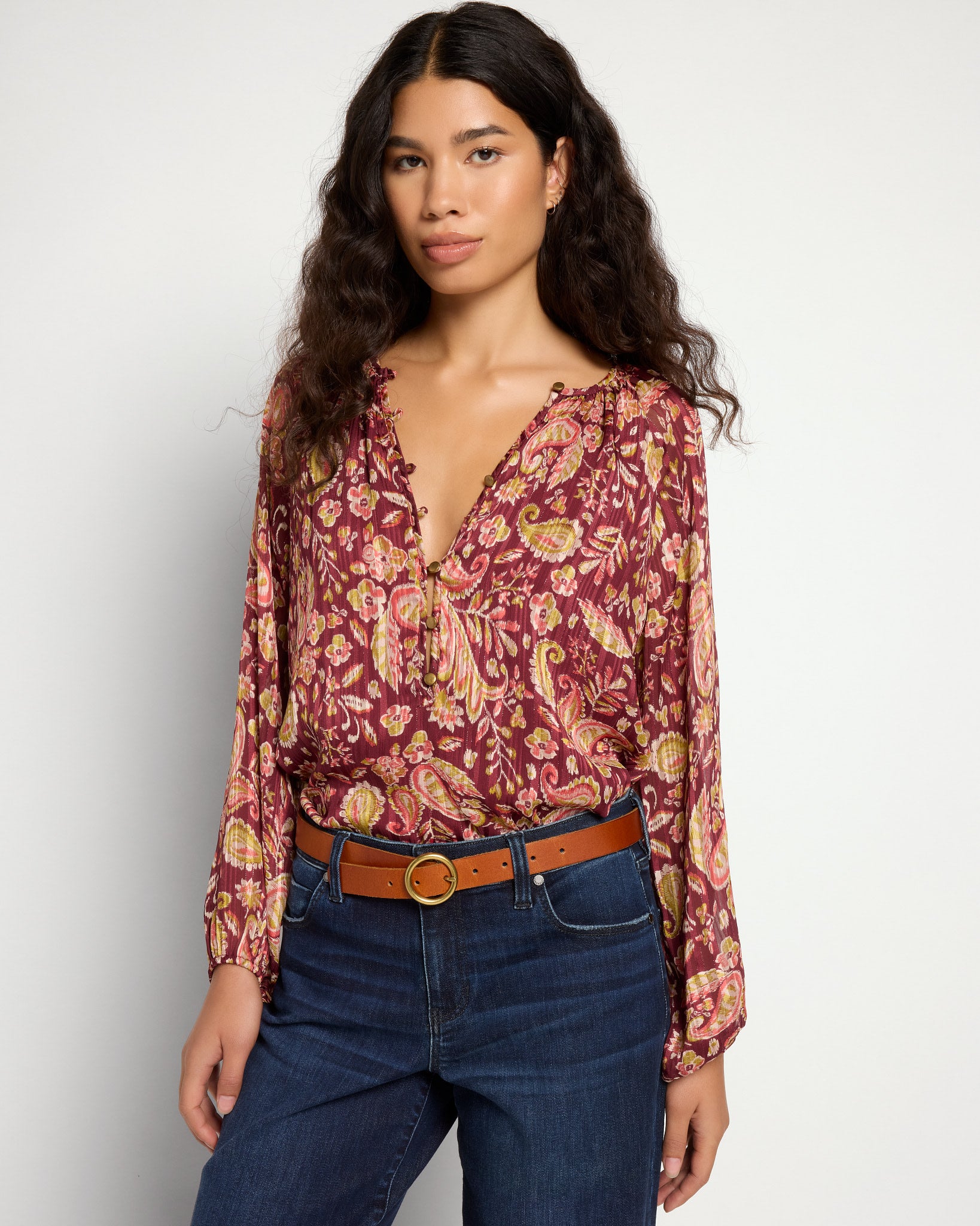 Wine $|& West Kei Floral Woven Top with Button Detail - SOF Front
