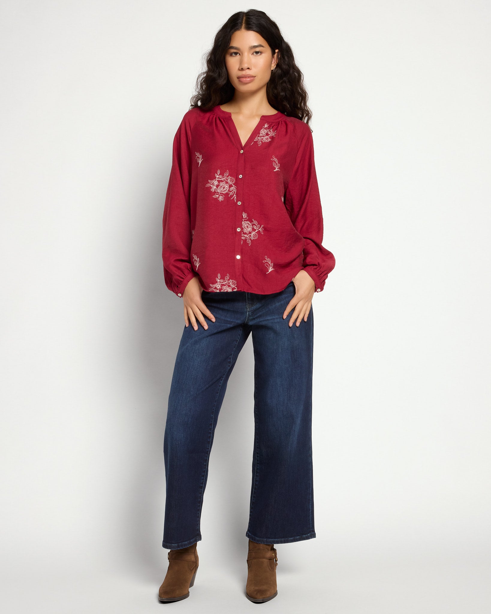 Wine $|& West Kei Embroidered Woven Blouse - UGC On Fig