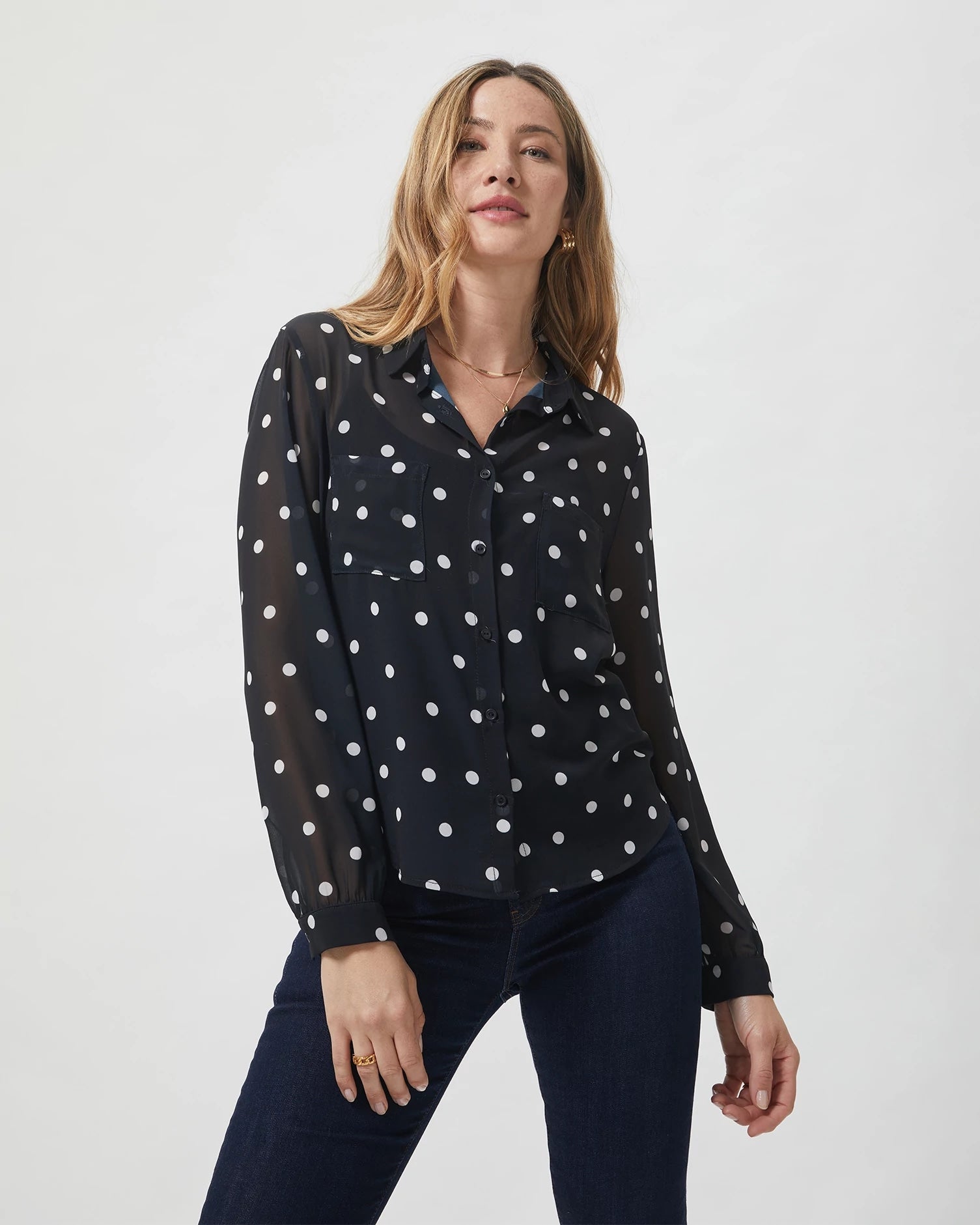 Black Polka Dot $|& West Kei Printed Woven Long Sleeve Blouse - VOF Detail