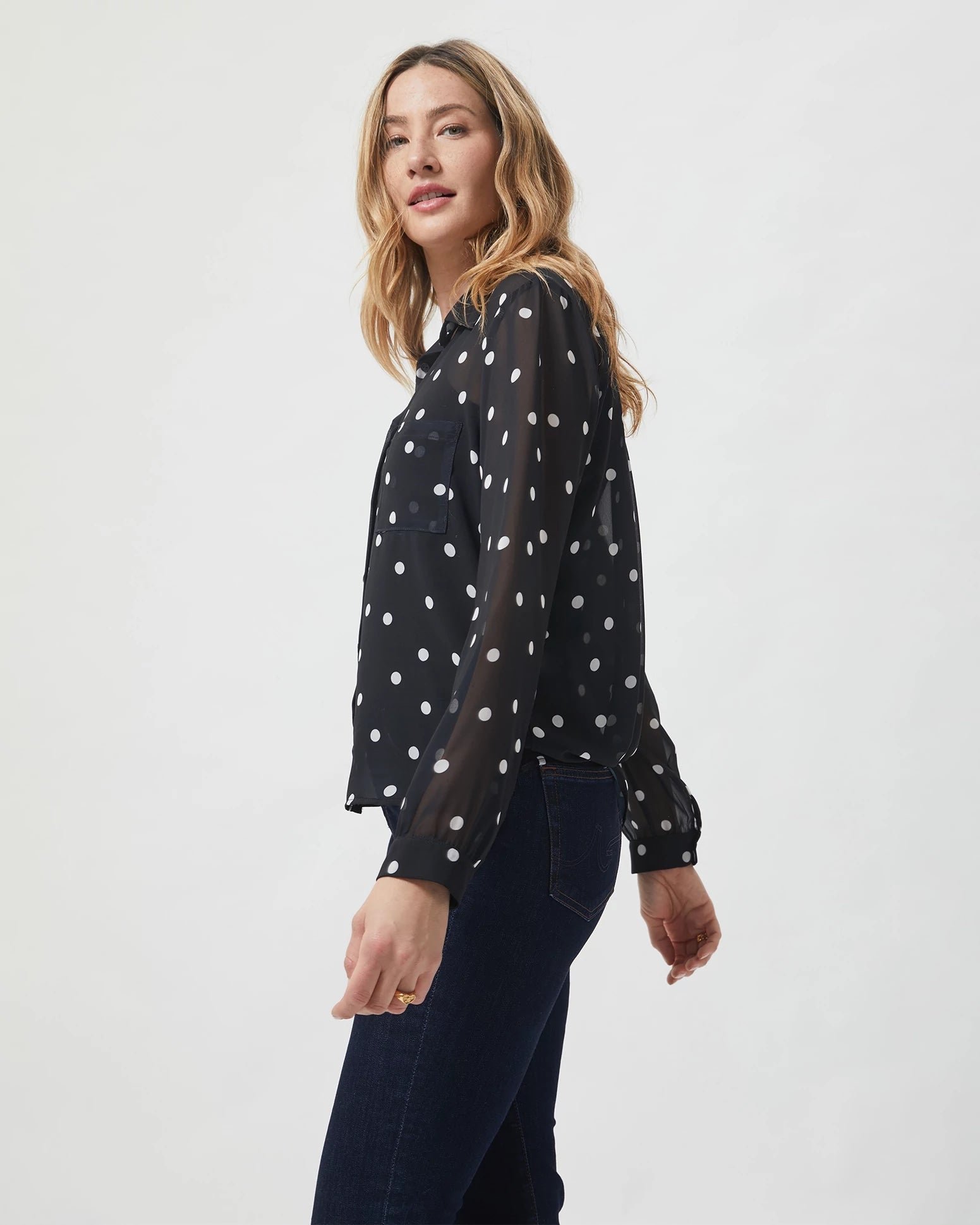 Black Polka Dot $|& West Kei Printed Woven Long Sleeve Blouse - Hanger Front
