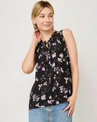 Black/Lavender $|& West Kei Sleeveless Floral Woven Top with Neck Tie - VOF Detail
