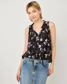 Black/Lavender $|& West Kei Sleeveless Floral Woven Top with Neck Tie - VOF Detail
