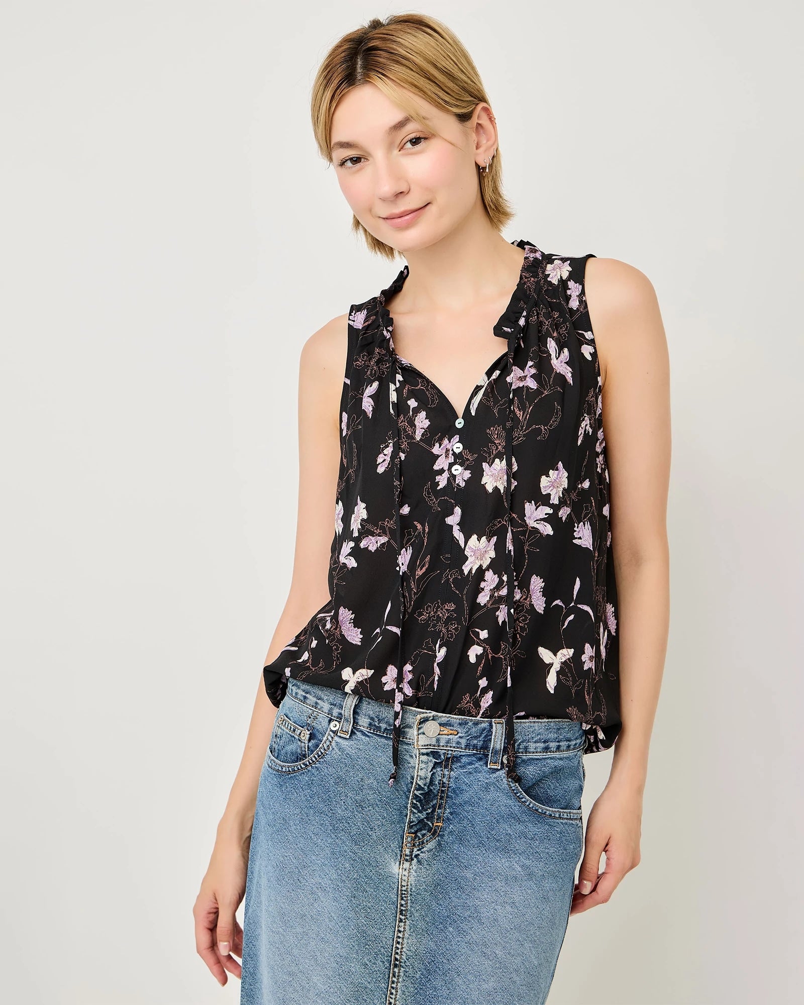 Black/Lavender $|& West Kei Sleeveless Floral Woven Top with Neck Tie - VOF Detail