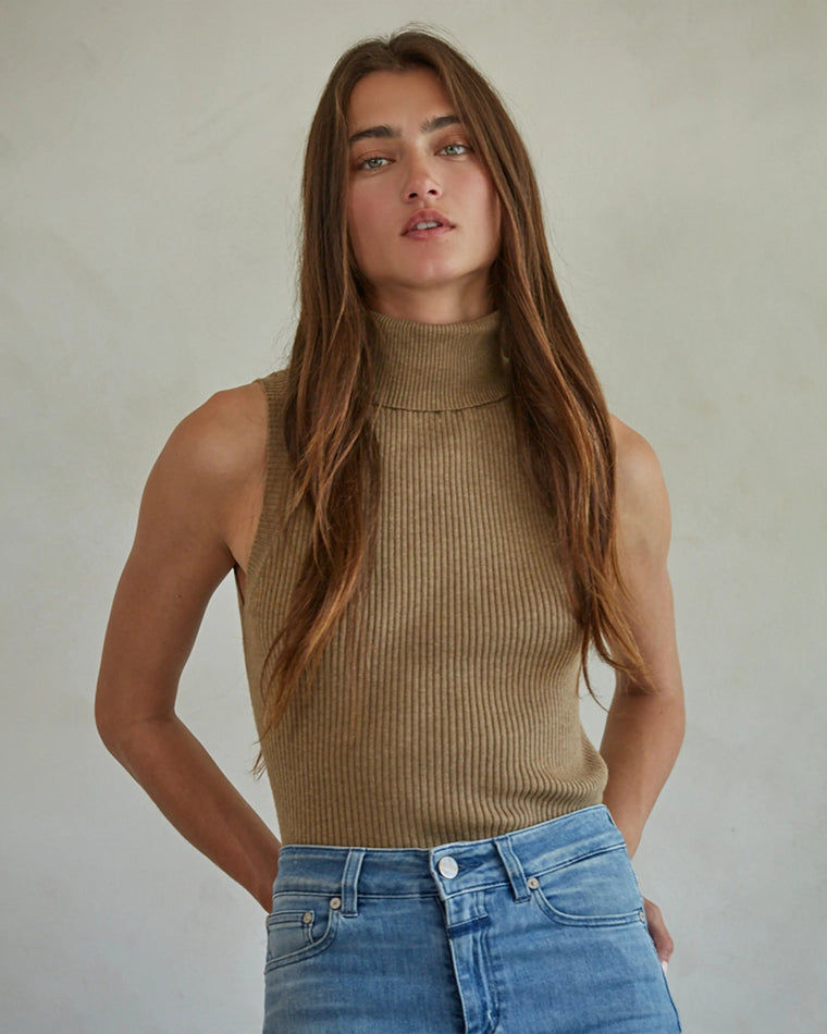 Brown $|& by together Ribbed Turtleneck Sleeveless Pullover - VOF Detail