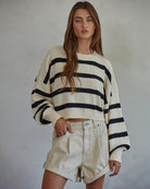 Natural/Black $|& by together Striped Drop Shoulder Crop Pullover - VOF Detail