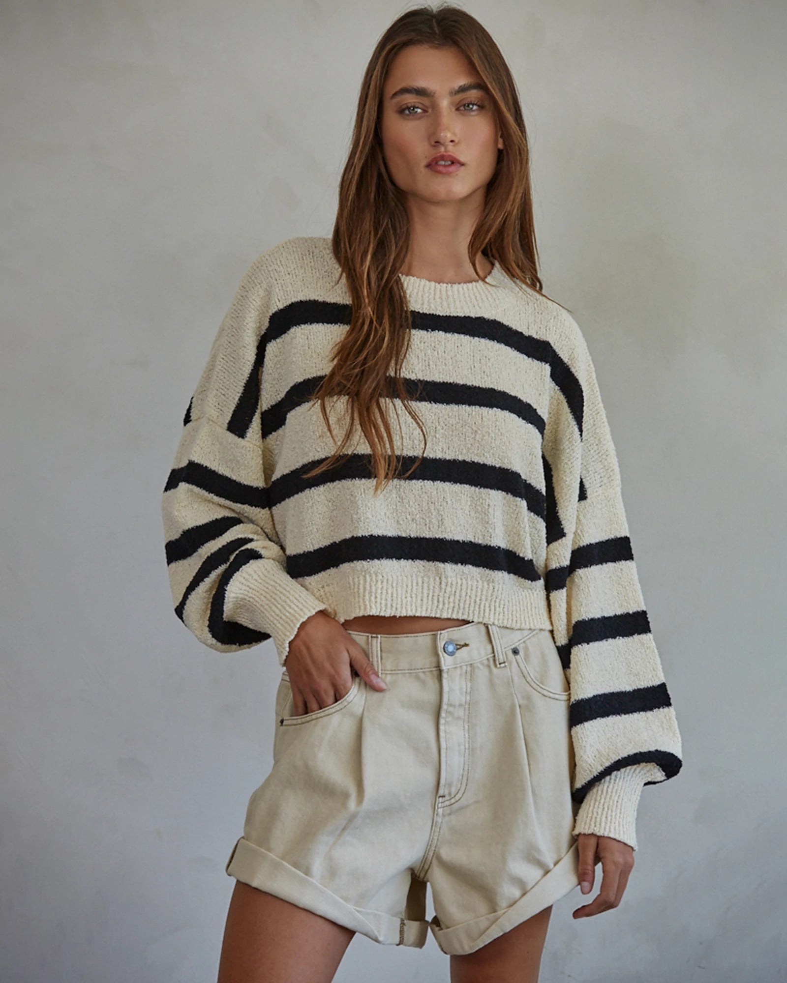Natural/Black $|& by together Striped Drop Shoulder Crop Pullover - VOF Detail