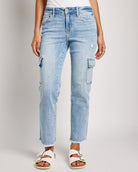 Mightily $|& Lovervet Mid Rise Slim Straight Cargo Jeans - SOF Front