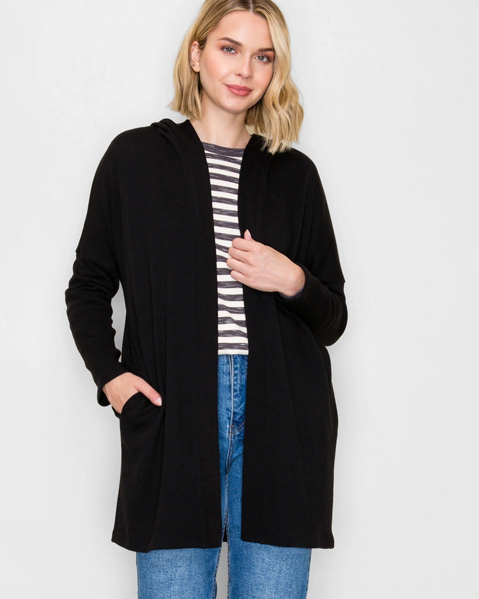 Black $|& Staccato Monaco Ribbed Duster Hoodie Cardigan - VOF Detail