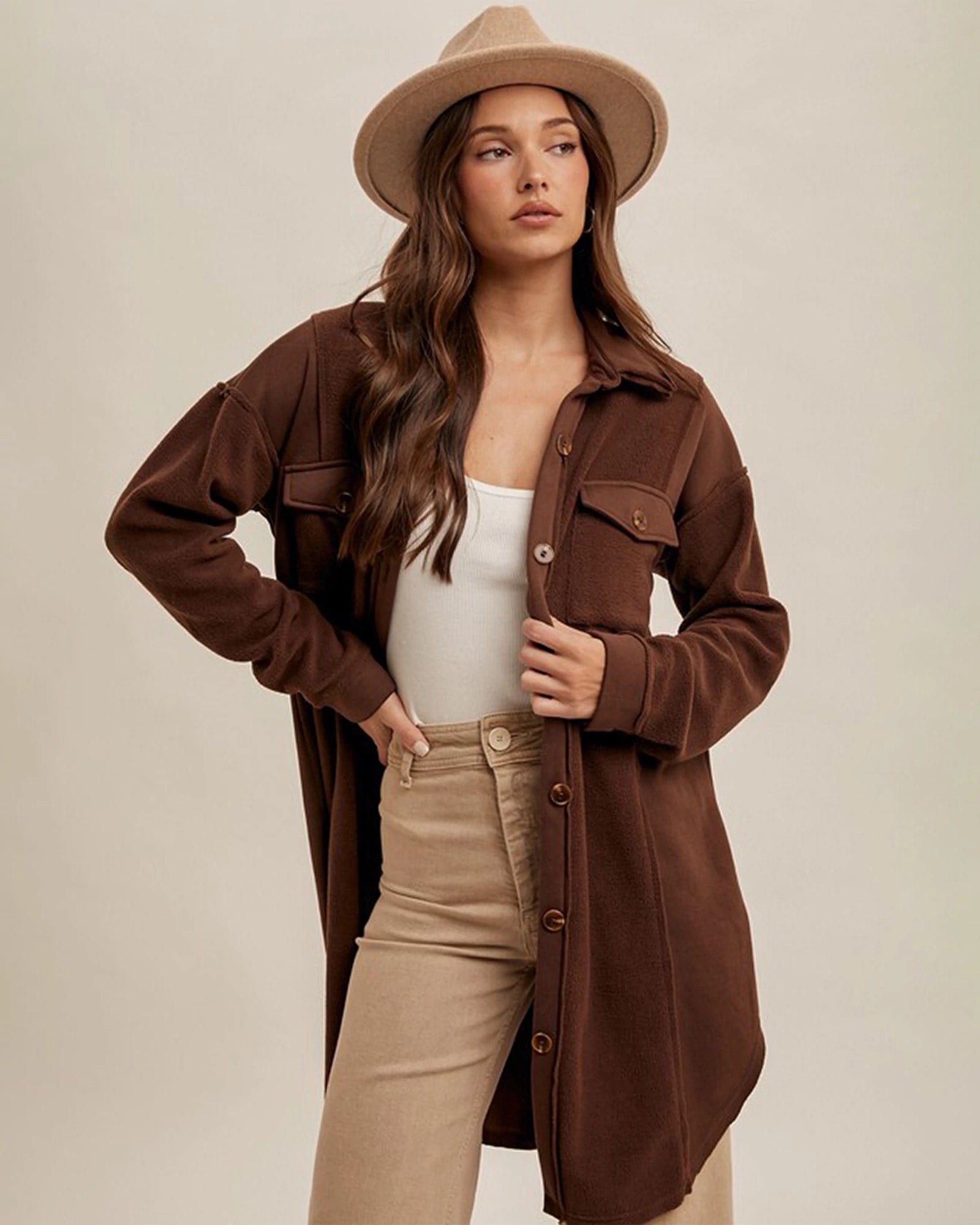 Brown $|& Hem & Thread Fleece Longline Shacket - VOF Detail