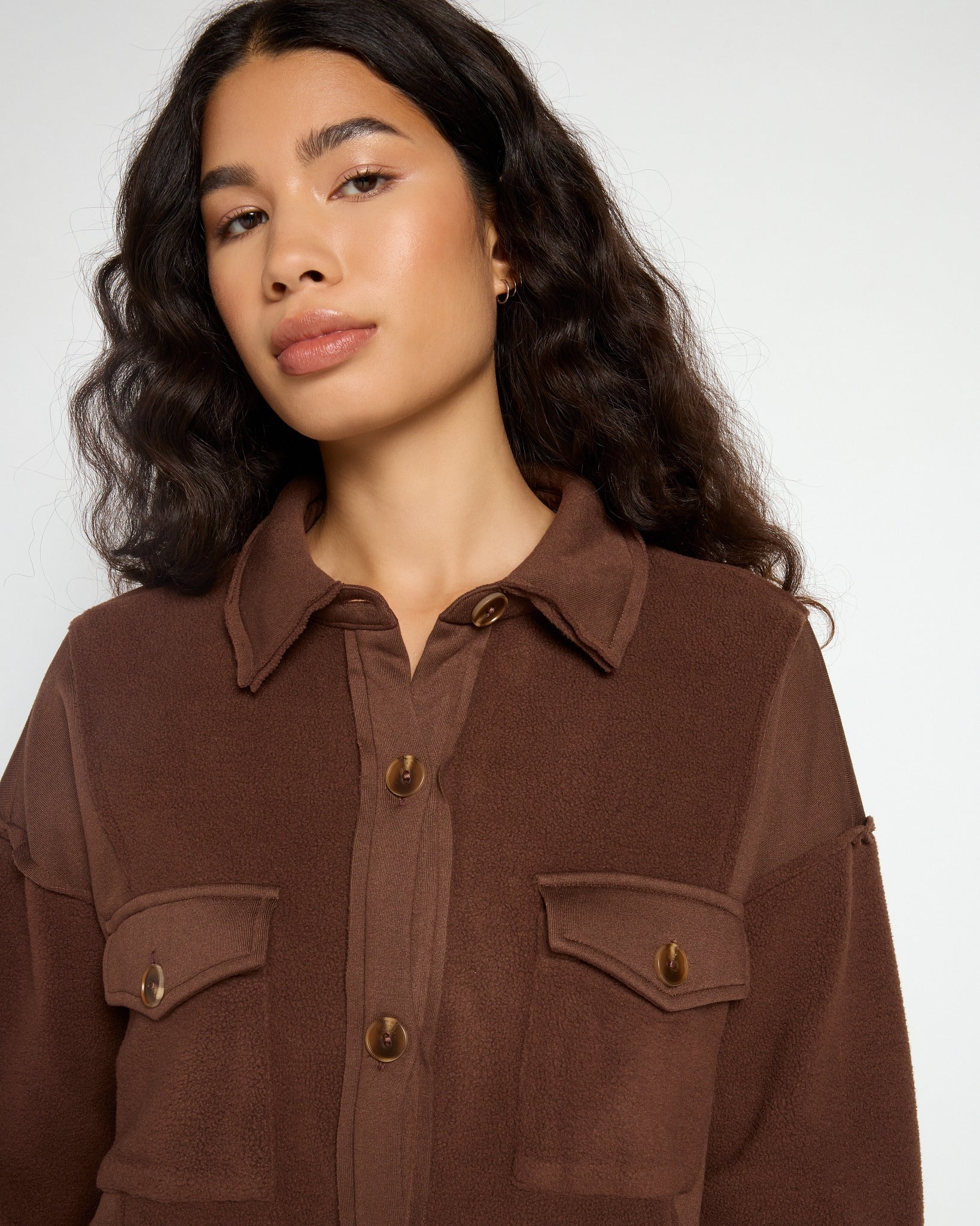 Brown $|& Hem & Thread Fleece Longline Shacket - SOF Full Front