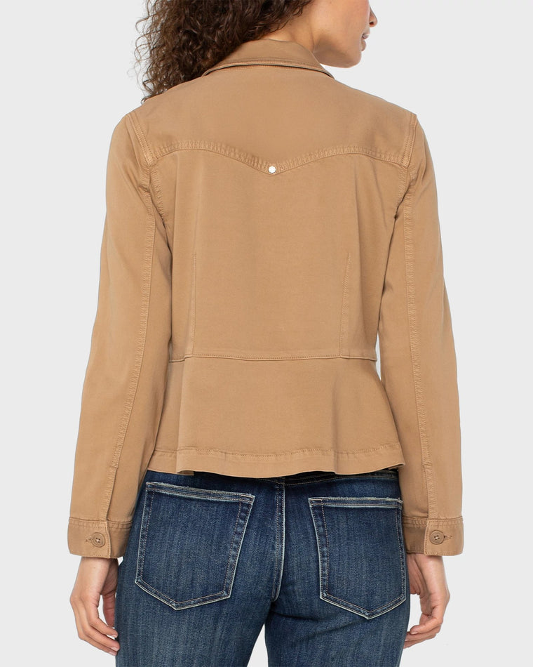Desert Camel $|& Liverpool Peplum Hem Trucker Jacket - Hanger Side